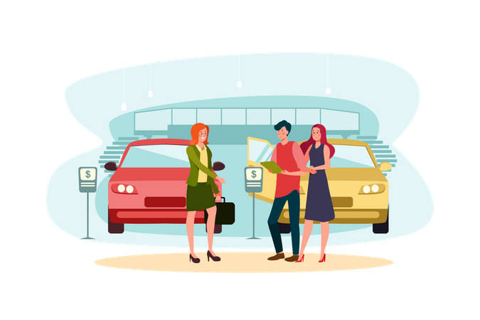 Car showroom manager giving detail about car to couple Illustration