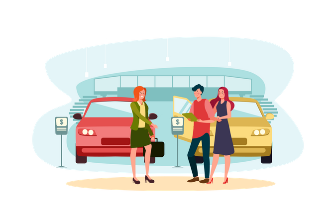 Car showroom manager giving detail about car to couple  イラスト