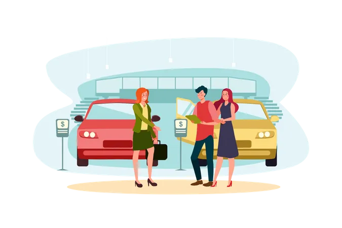 Car showroom manager giving detail about car to couple  Illustration