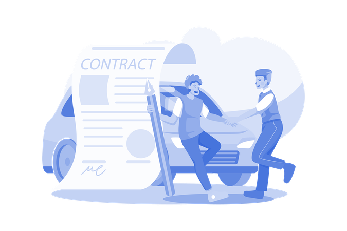 Car showroom manager signing contract with buyer  Illustration