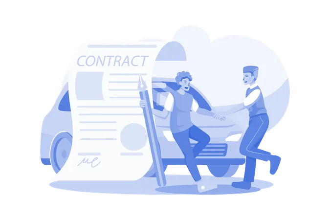 Car showroom manager signing contract with buyer  Illustration
