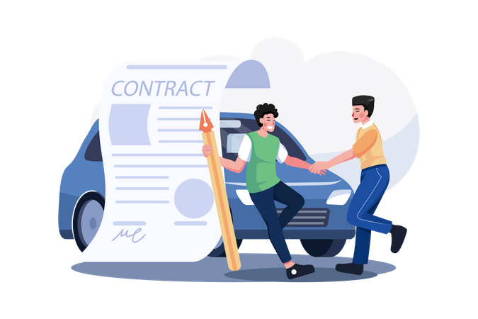 Car showroom manager signing contract with buyer  Illustration