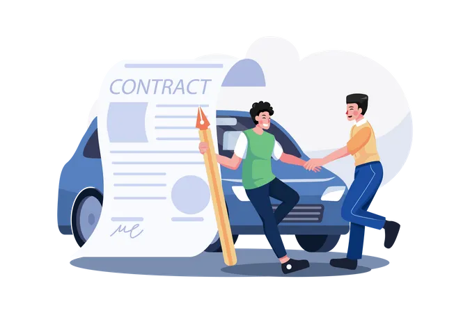 Car showroom manager signing contract with buyer  Illustration