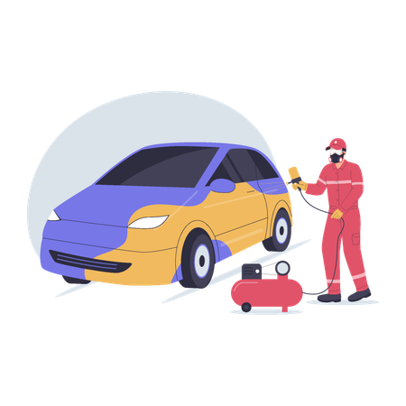 Car Spray Painting in Auto Body Workshop  Illustration