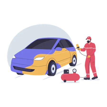 Car Spray Painting in Auto Body Workshop  Illustration