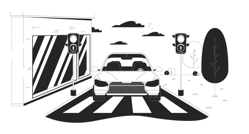 Car Stopped At Red Light Black And White Cartoon Flat Illustration Traffic Regulation In Urban District 2 D Lineart Objects Isolated Driving Vehicle In City Monochrome Scene Vector Outline Image Illustration