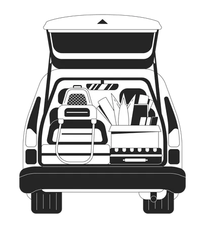 Car Trunk With Personal Belongings Flat Monochrome Isolated Vector Object Packing For Road Trip Editable Black And White Line Art Drawing Simple Outline Spot Illustration For Web Graphic Design Illustration