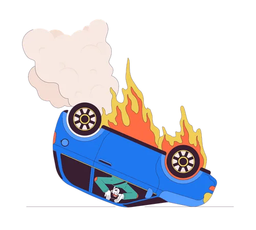 Car Upside Down On Fire Line Cartoon Flat Illustration Frightened Asian Man Locked Inside Burning Auto 2 D Lineart Character Isolated On White Background Road Accident Scene Vector Color Image Illustration
