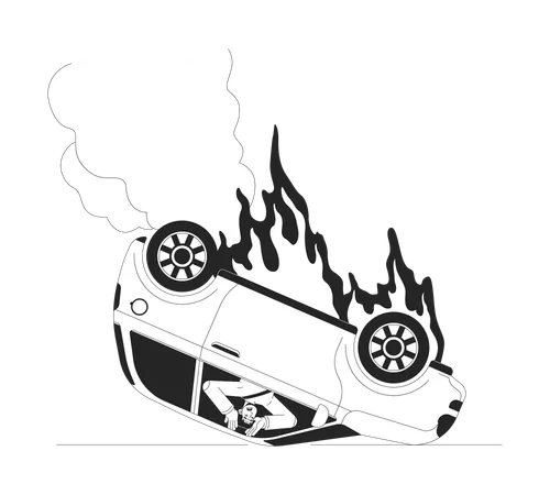 Car Upside Down On Fire Black And White Cartoon Flat Illustration Frightened Asian Man Locked Inside Burning Auto 2 D Lineart Character Isolated Road Accident Monochrome Scene Vector Outline Image Illustration