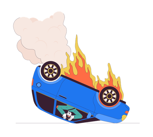 Car upside down on fire  Illustration