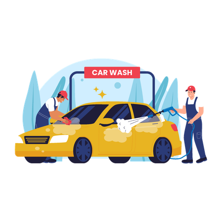 Car Wash Process with Workers Cleaning Vehicle  Illustration