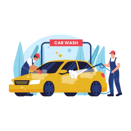 Car Wash Process with Workers Cleaning Vehicle  Illustration