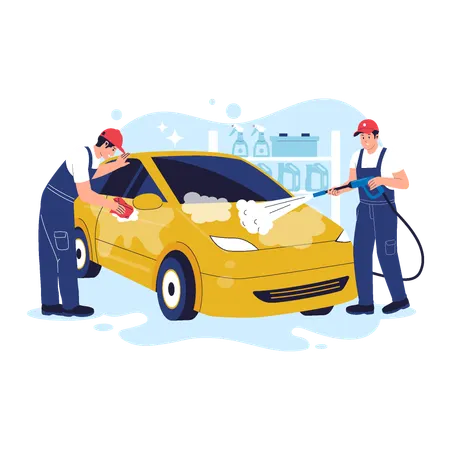 Car Wash Service with Workers Cleaning Yellow Car  Illustration