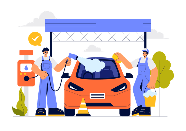 Car wash worker cleaning car with sponge  Illustration