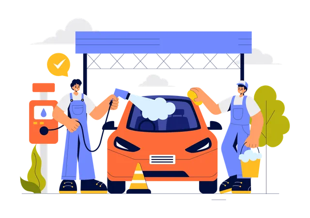 Car wash worker cleaning car with sponge  Illustration