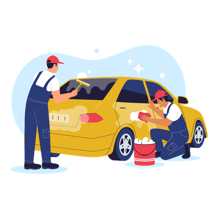 Car Wash Workers Cleaning Rear Side of Vehicle  Illustration