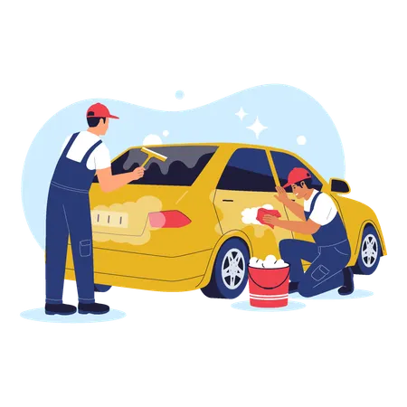 Car Wash Workers Cleaning Rear Side of Vehicle  Illustration