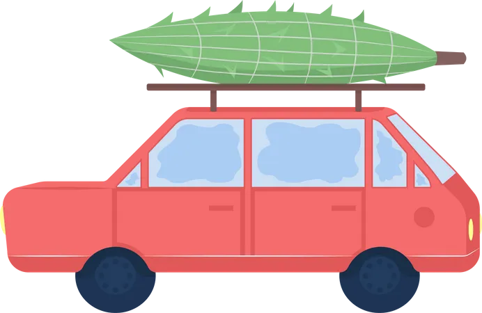 Car with Christmas tree on top  Illustration