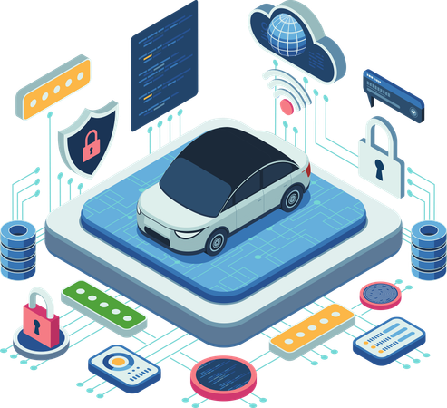 Car with Cyber security Features and Digital System  Illustration