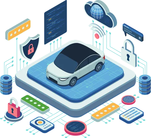 Car with Cyber security Features and Digital System  Illustration