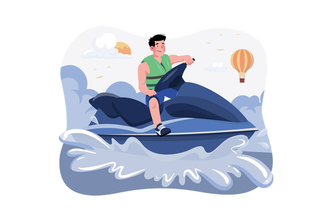 Cara andando de moto aquática  Ilustração