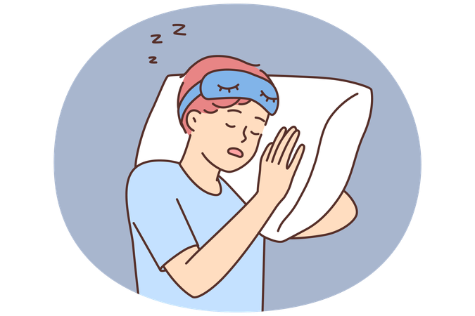 Cara cansado dormindo no travesseiro na cama  Ilustração
