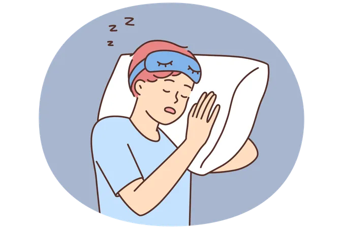 Cara cansado dormindo no travesseiro na cama  Ilustração