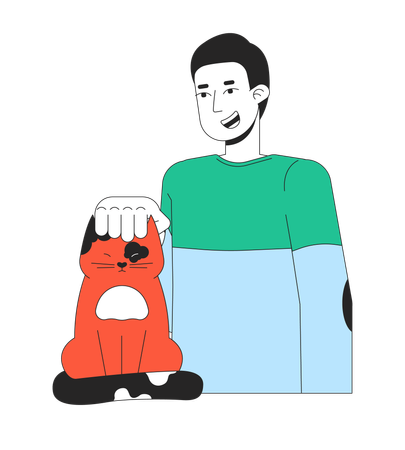Cara caucasiano acariciando gentilmente o gato  Ilustração