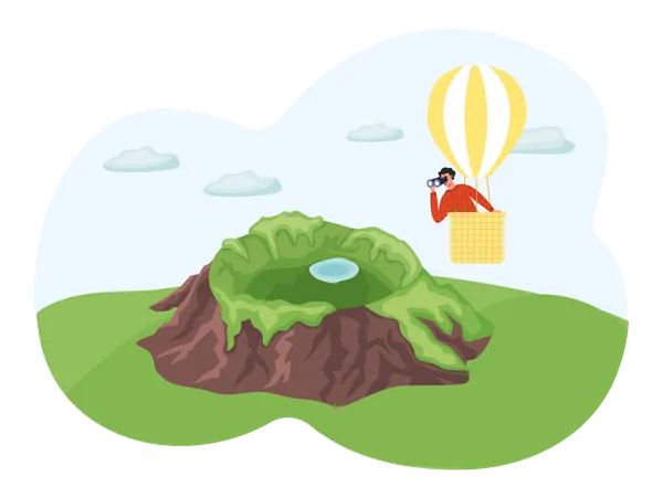Cara com binóculos em balão de ar quente voa perto da montanha com lago  Ilustração