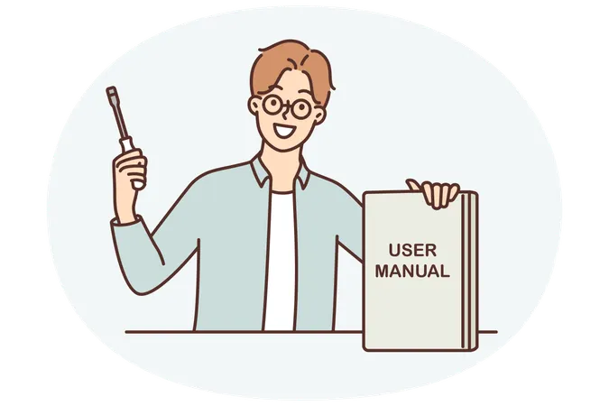 Cara com chave de fenda mostra livro com inscrição manual do usuário recomendando o uso de literatura educacional  Ilustração