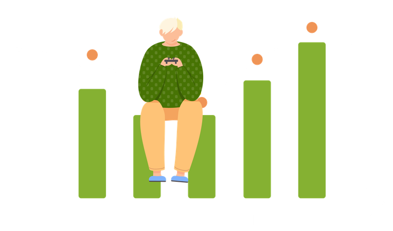 Cara com gamepad nas mãos sentado na coluna do gráfico de barras  Ilustração