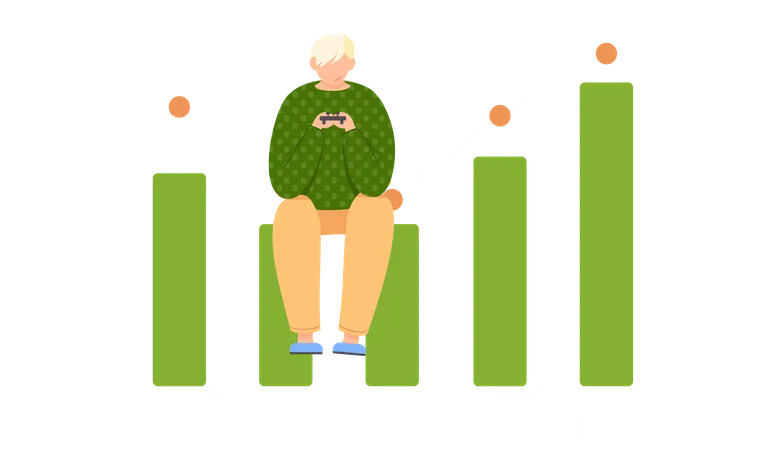 Cara com gamepad nas mãos sentado na coluna do gráfico de barras  Ilustração