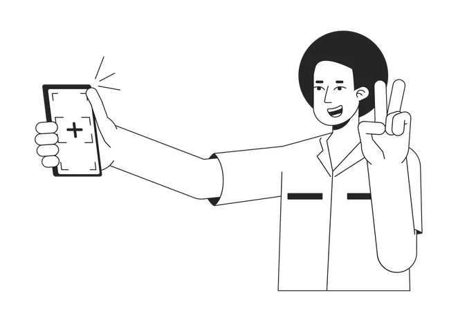 Cara Com Gesto De Vitoria Posando Para Ilustracao De Ponto Vetorial Selfie Bw Homem Afro 2 D Personagem Monocromatico De Linha Plana De Desenho Animado Em Branco Para Design De UI Web Imagem De Heroi De Contorno Isolado Editavel Ilustração