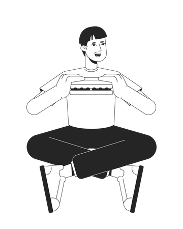 Cara comendo sanduíche em postura de pernas cruzadas  Ilustração