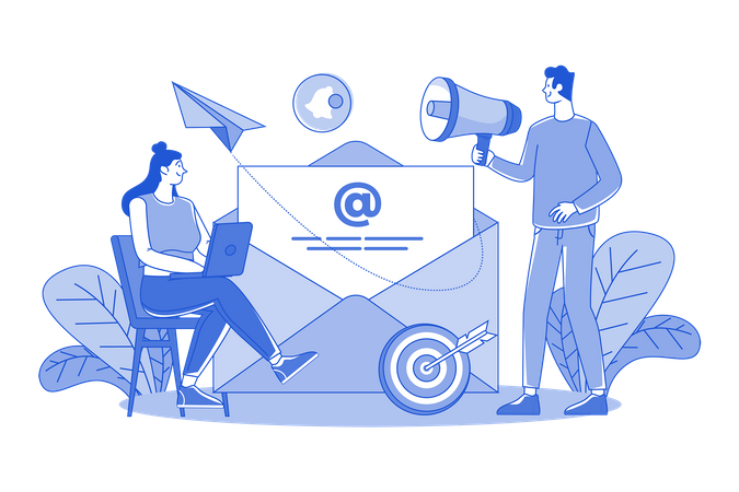 Cara e garota estão envolvidos em marketing por e-mail  Ilustração