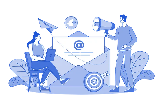 Cara e garota estão envolvidos em marketing por e-mail  Ilustração