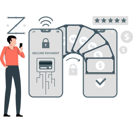 O cara está transferindo dinheiro através de pagamento seguro  Ilustração