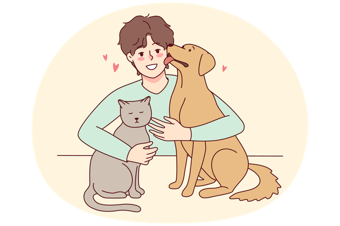 Cara feliz com animais de estimação  Ilustração