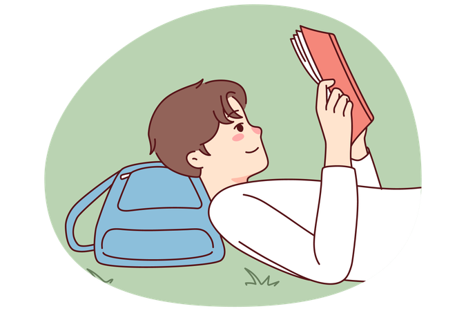 Cara feliz deitado no chão lendo um livro  Ilustração