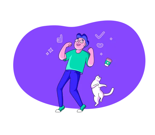 Cara feliz e gato pulando à noite  Ilustração