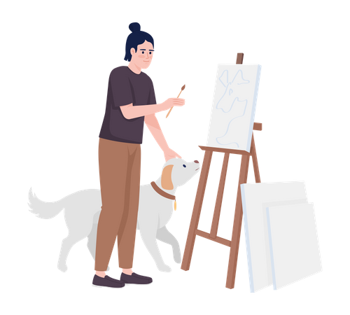 Cara feliz acariciando cachorro e pintando em tela  Ilustração