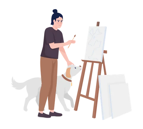 Cara feliz acariciando cachorro e pintando em tela  Ilustração