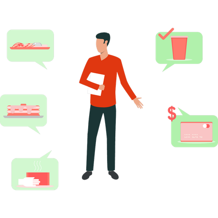 Cara mostra um menu de comida para pedidos on-line  Ilustração