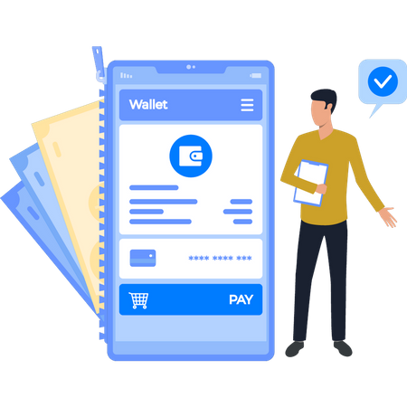 Cara pagando on-line pela carteira  Ilustração