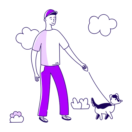 Cara andando com cachorro de estimação  Ilustração