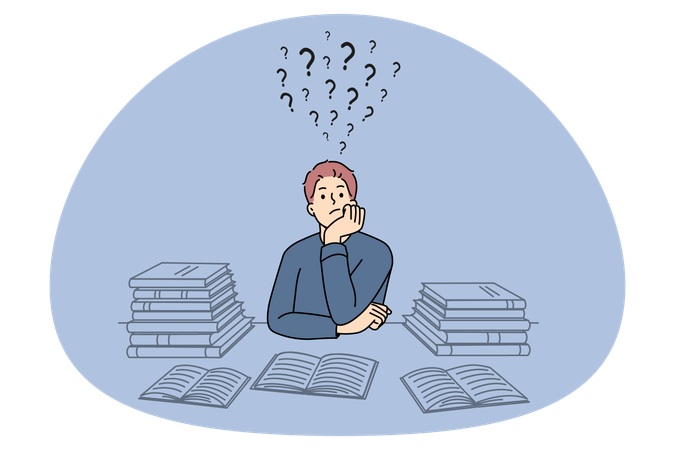 Cara pensativo de terno na mesa estudando pensando em problemas encontrando soluções  Ilustração