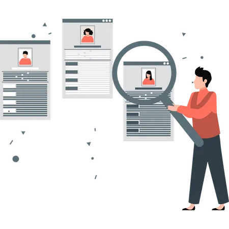 Cara procurando página de perfil de currículo  Ilustração