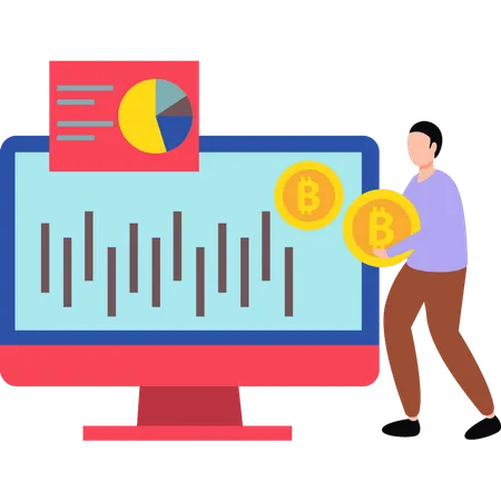 Cara trabalhando em análise de gráfico de bitcoin  Ilustração