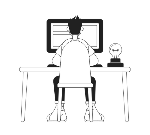 Cara sentado à mesa com computador  Ilustração