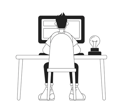 Cara sentado à mesa com computador  Ilustração